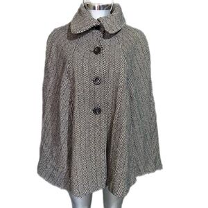 Cejon Wool Cape Poncho Herringbone Coat Button Down Preppy Cloack One Size